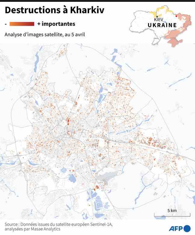 Map of destruction recorded in Kharkiv, according to analysis of satellite images by Masae Analytics, as of April 5