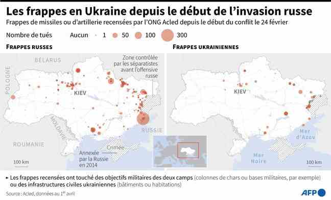 Map locating the strikes carried out by Russian and Ukrainian forces since February 24, against civilian objectives or infrastructure