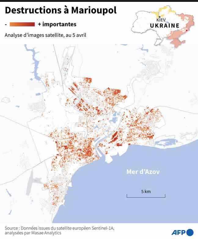 Map of the destruction recorded in Mariupol, according to an analysis of satellite images carried out by Masae Analytics, as of April 5