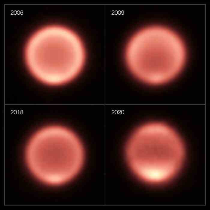 This compilation shows thermal images of Neptune taken between 2006 and 2020.  The first three images (2006, 2009, 2018) are from the VISIR instrument on ESO's Very Large Telescope, while the 2020 image is from the COMICS instrument on the Subaru Telescope.<br />Photo: ESO/M.  Roman, NAOJ/Subaru/COMICS” width=”700″ height=”700″  /></p><p class=