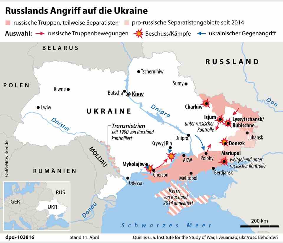 The map above shows Russia's attacks on Ukraine and the areas occupied by Russian troops so far 