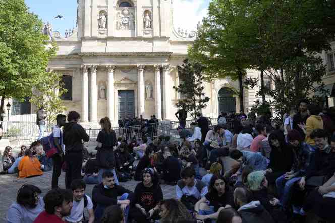 The students massed in front of the main entrance to the university, place de la Sorbonne, Thursday April 14, 2022.