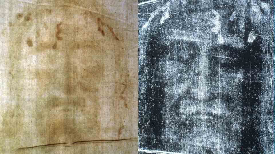 The face on the Shroud of Turin: in color on the left, in the black and white negative on the right