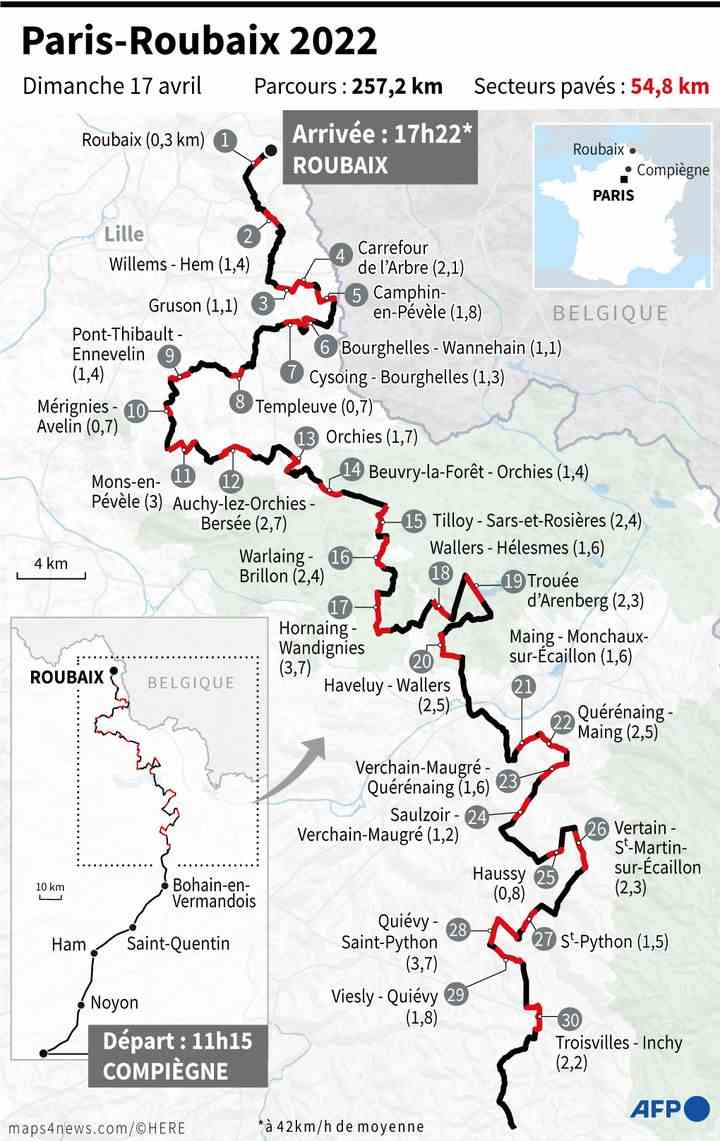 Le tracé, en détails, du 119e Paris-Roubaix masculin, qui se déroule le 17 avril 2022. (Laurence SAUBADU, Cléa PÉCULIER / AFP)