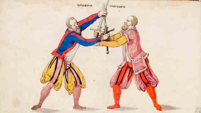 Olympia '72: fencing scene with long sword: Joachim Meyer made these watercolor and pen drawings on paper probably around 1561 for Duke Georg Johann I, Count of Palatinate-Veldenz.