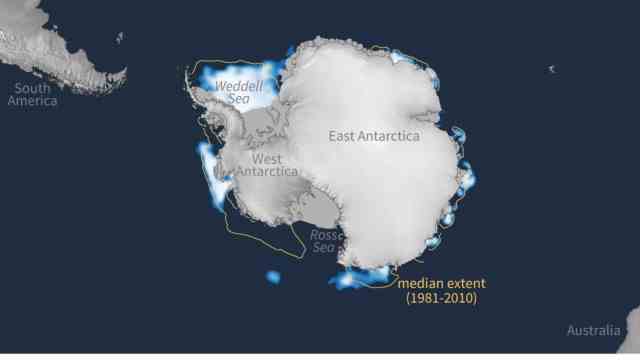 Antarctica: Absolute low of Antarctic sea ice in February 2022. The yellow line shows the long-term mean.