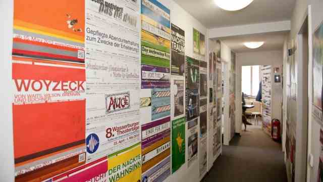 20 years of Theater Wasserburg: A long corridor with posters of past productions leads to Uwe Bertram's office.