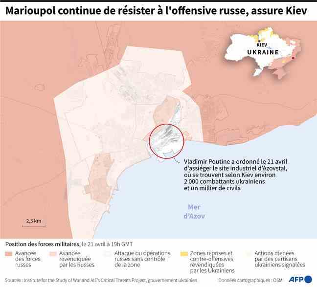 Map locating the advances of Russian military forces in Mariupol on April 21 at 9 p.m. (French time).