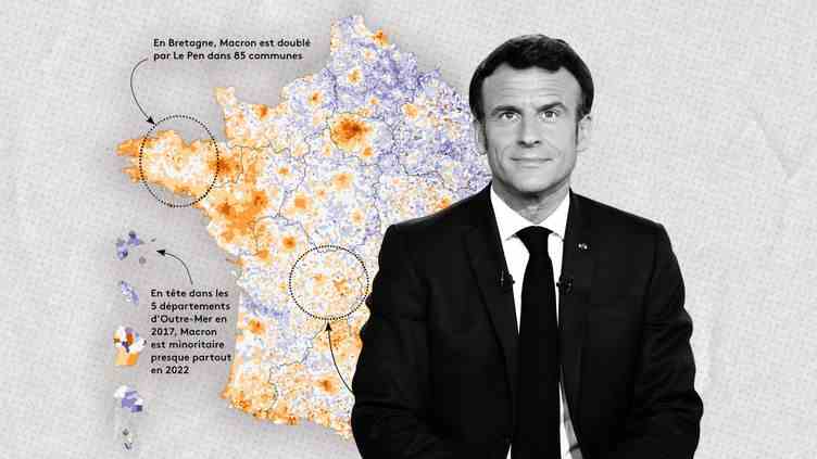 Bretagne, Creuse, outre-mer... Visualisez comment Emmanuel Macron a perdu du terrain face à Marine Le Pen en une image (ELLEN LOZON / FRANCEINFO)