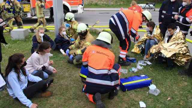 Rescue services: Many actors were involved in the exercise, miming the injured.