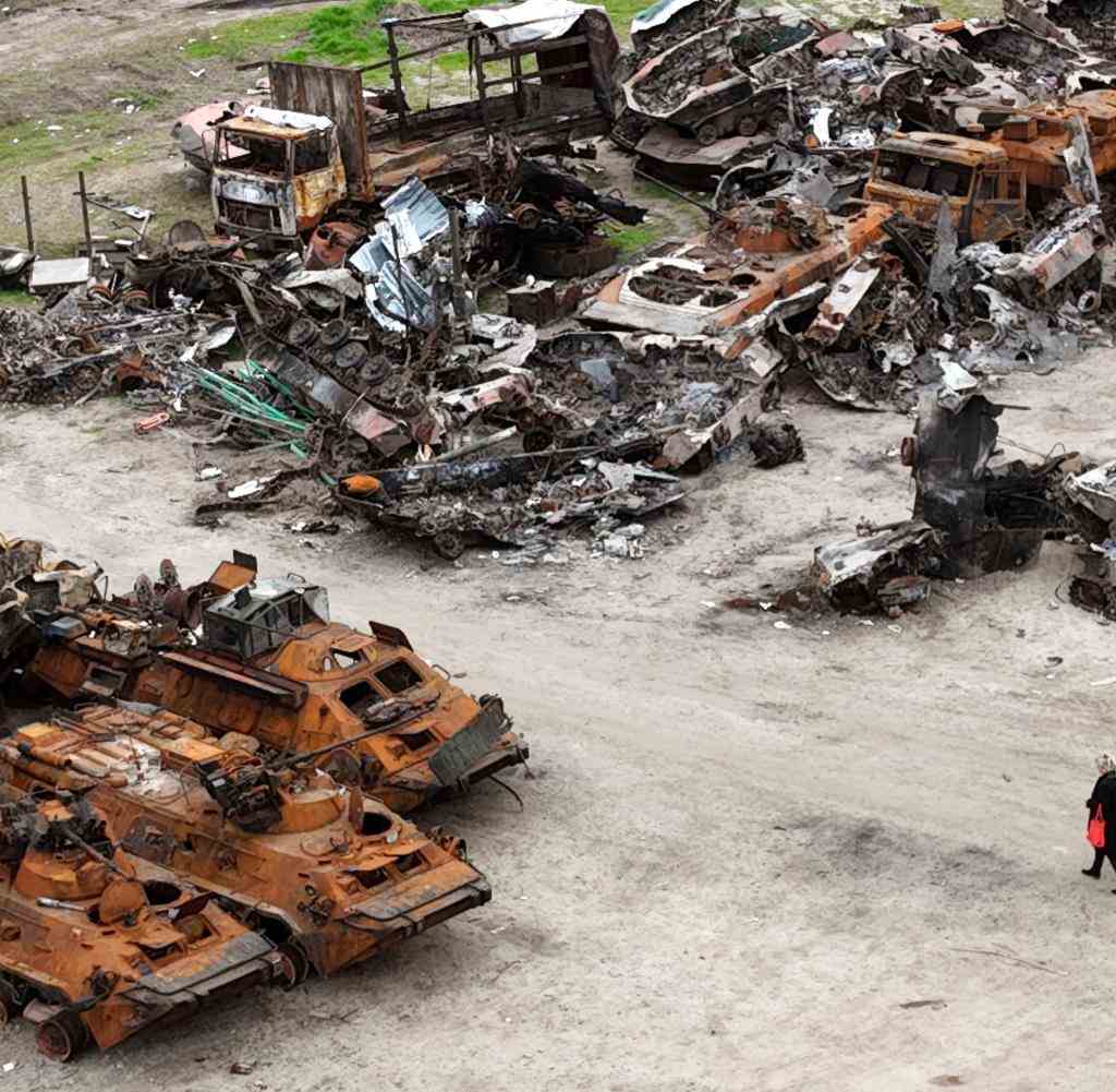 People walk past wreckage of military vehicles in Bucha on the outskirts of Kyiv