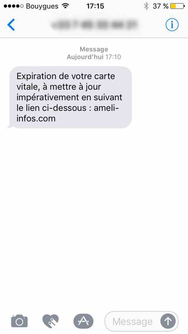 A very widespread Vitale card scam by SMS since December 2021. (SCREEN CAPTURE SMARTPHONE / FRANCE INFO)
