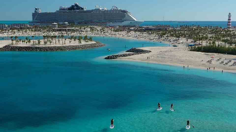 An MSC cruise ship docks off Ocean Cay, Bahamas.