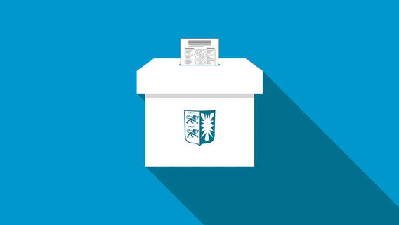 A stylized representation of a ballot box with the coat of arms of Schleswig-Holstein.  