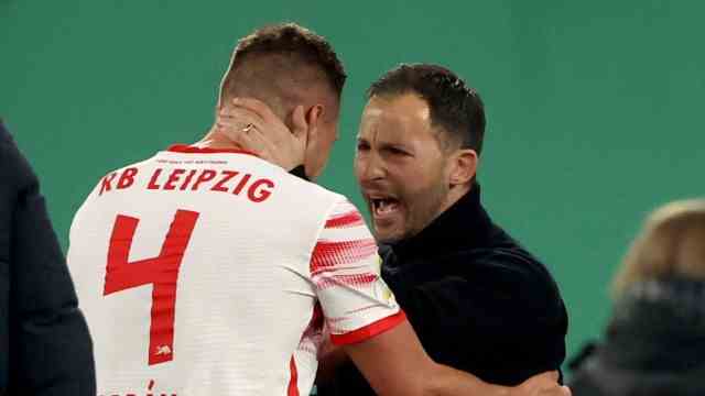 RB Leipzig in the cup final: Cup final reached: Leipzig coach Domenico Tedesco (right) and defender Willi Orban shout out their joy.