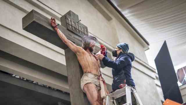 Language change: The Passion and its main actor: Jesus actor Frederick Mayet preparing for the cross.