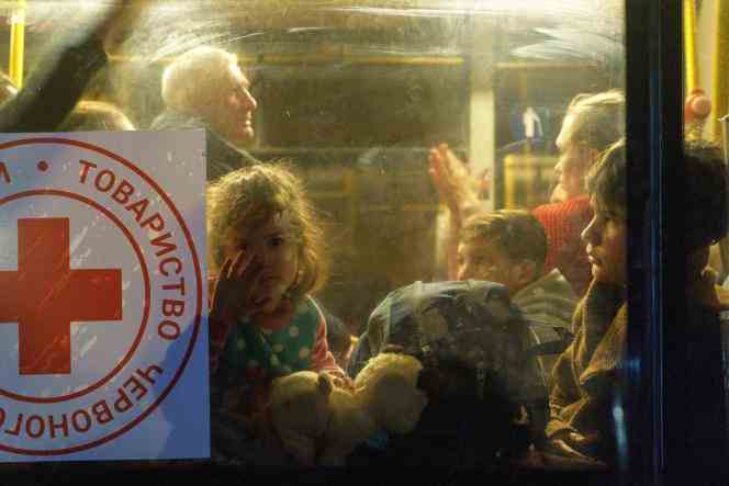 In a bus carrying evacuees from Mariupol, as it arrives in central Zaporizhia, Ukraine, on April 1, 2022.
