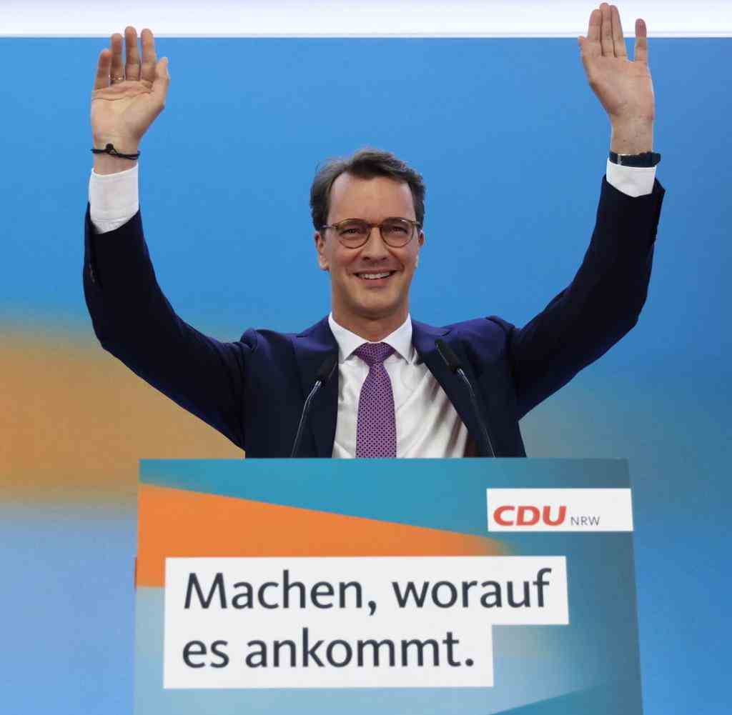 NRW-Ministerpräsident und CDU-Spitzenkandidat Hendrik Wüst auf der Wahlparty der CDU in Düsseldorf