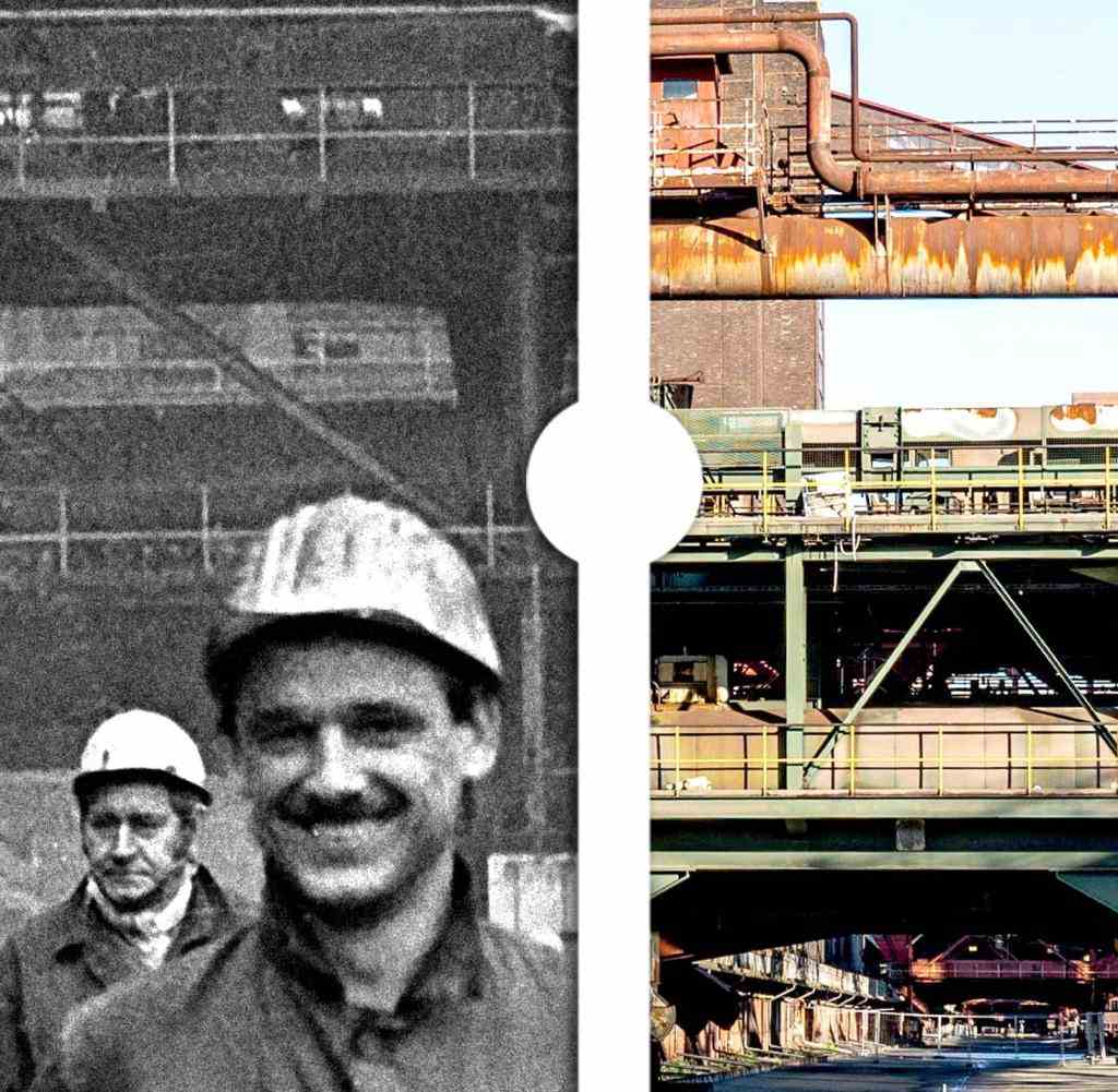 1985 vs. 2020: Damals spazierten nach ihrem Feierabend noch Arbeiter aus der Kokerei Zollverein in Essen