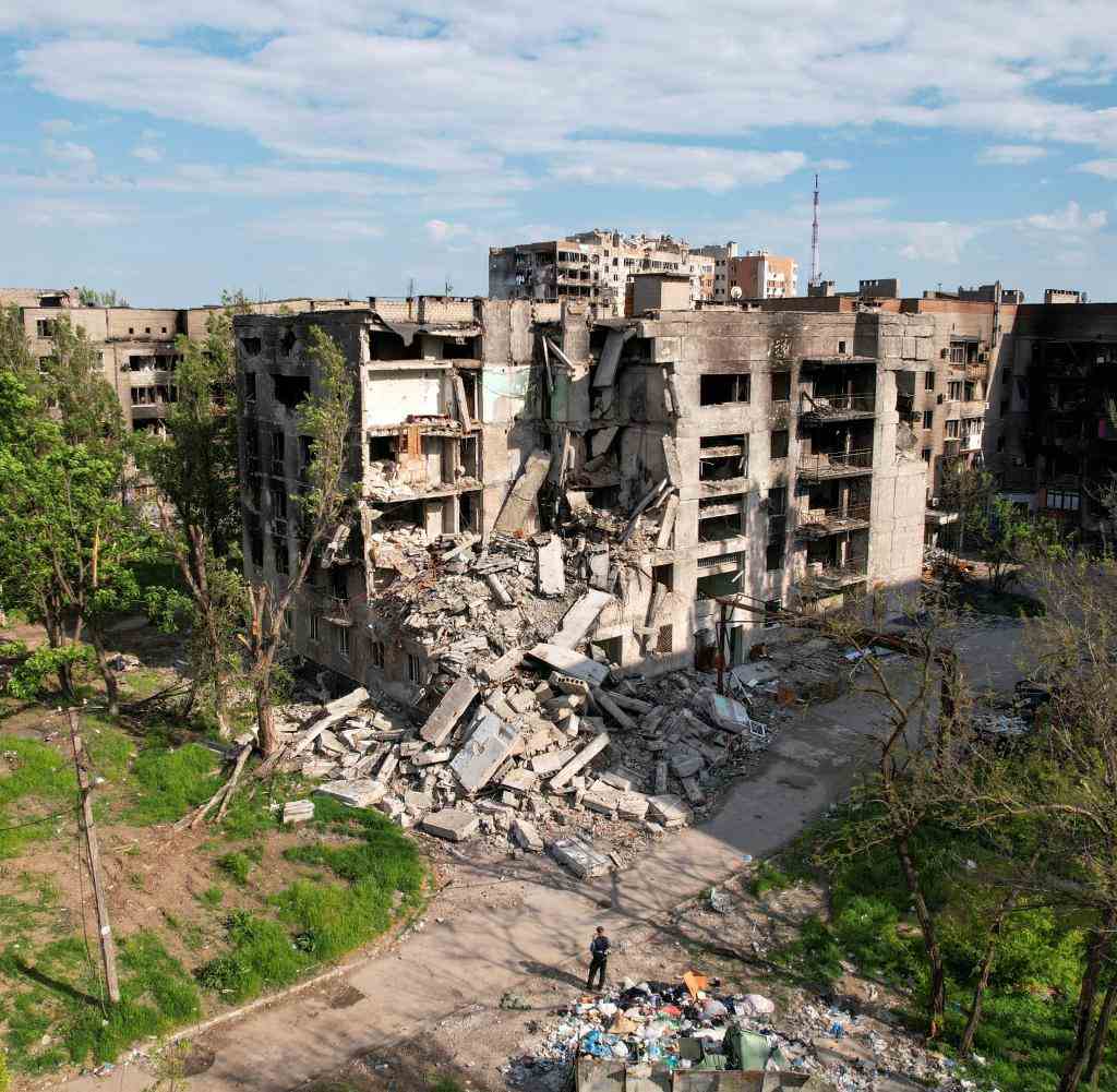 A view shows destroyed residential buildings in Mariupol