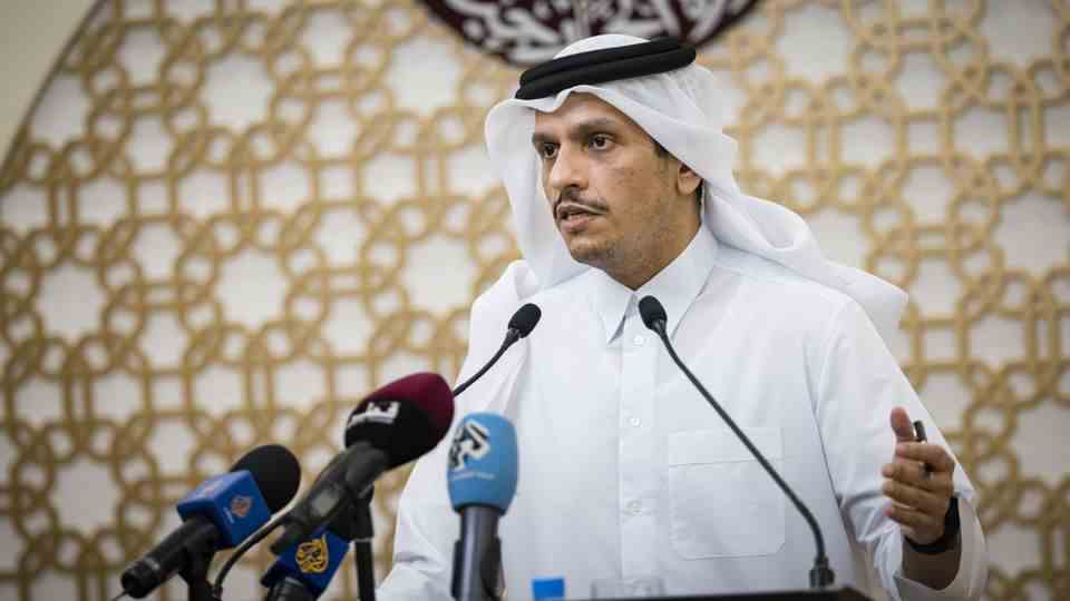 Qatari Foreign Minister Sheikh Mohammed bin Abdulrahman bin Jassim Al-Thani at a press conference in Doha