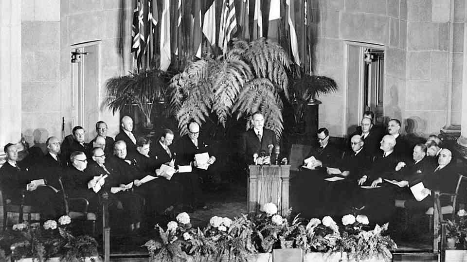 The representatives of the participating countries during the signing ceremony on April 4, 1949 in Washington DC