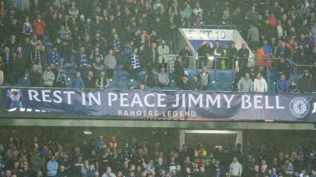 Europa League: The Ranges fans commemorate kit man Jimmy Bell on a banner.