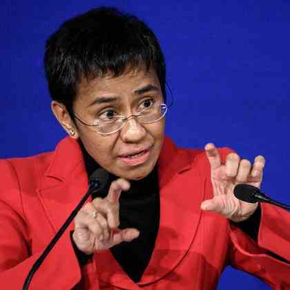 Maria Ressa speaking at the 2021 Nobel Peace Prize ceremony |  AFP