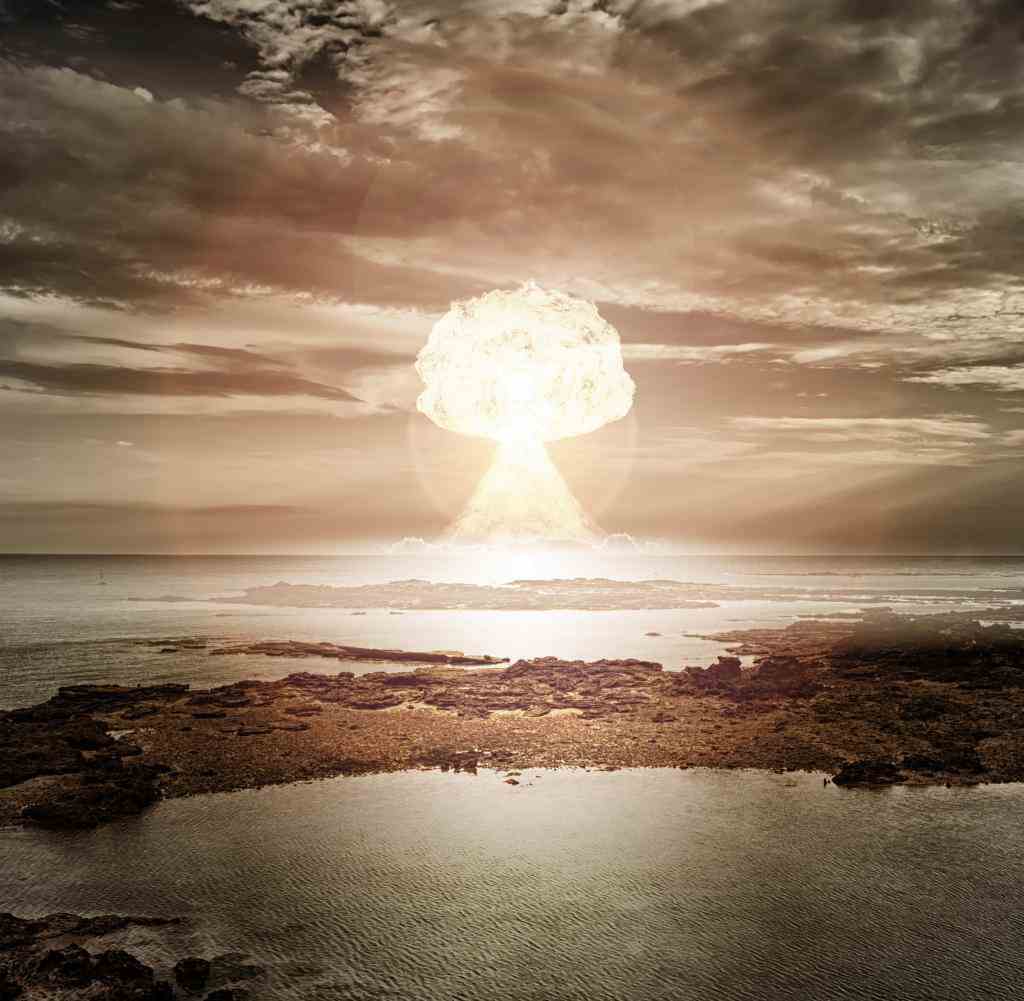 atomic explosion over the ocean, composing, nuclear mushroom over the sea, composing