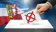 Election card with voting cross is put in a ballot box, behind it a Schleswig-Holstein flag (photo montage) © Fotolia.com Photo: Ralf Gosch, niyazz