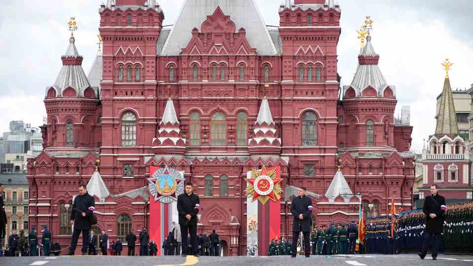 Security forces stand in front of the parade in Moscow's Red Square