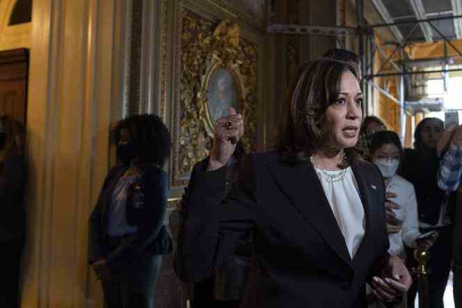 Vice President Kamala Harris gestures toward the Senate chamber as she addresses the media about the failed vote to secure abortion rights nationwide, Wednesday, 11 May 2022, at the Capitol, in Washington. 