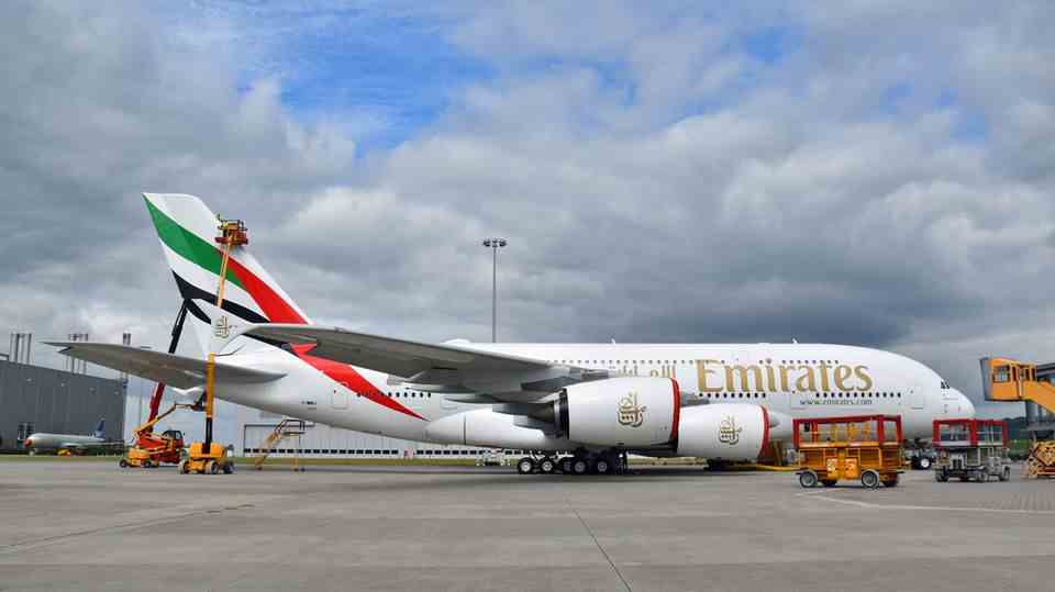 Emirates Airbus A380 at Hamburg Finkenwerder