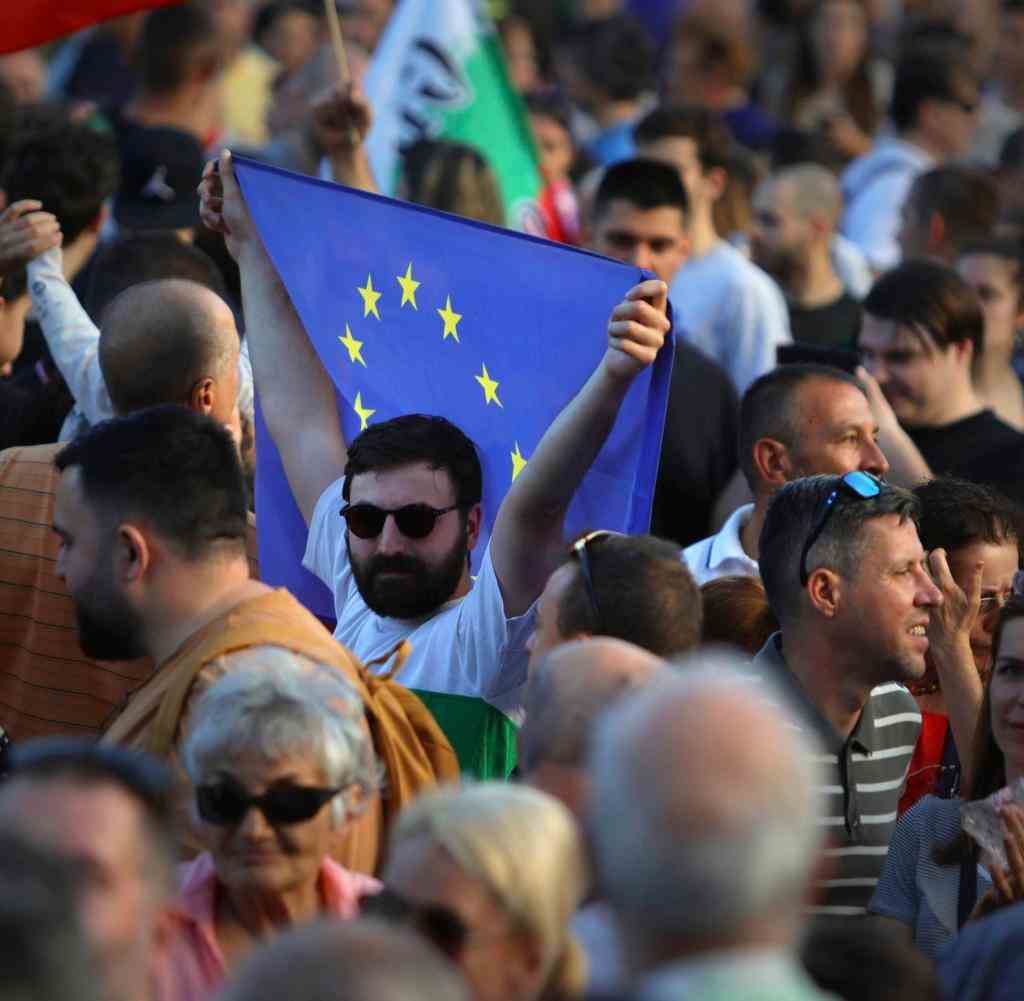 A protester expresses his solidarity with the pro-European government in Sofia, Bulgaria