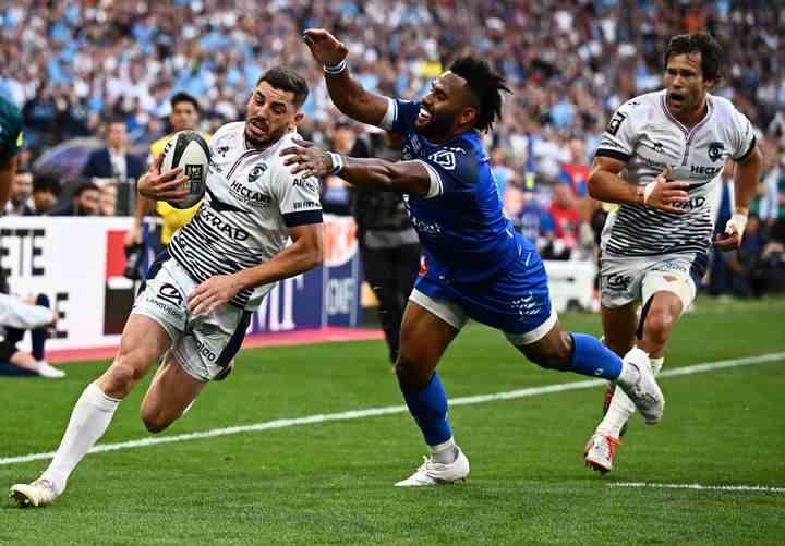 Montpellier player Anthony Bouthier scored a try in the Top 14 final against Castres, June 24, 2022, at the Stade de France (Seine-Saint-Denis).  (ANNE-CHRISTINE POUJOULAT / AFP)