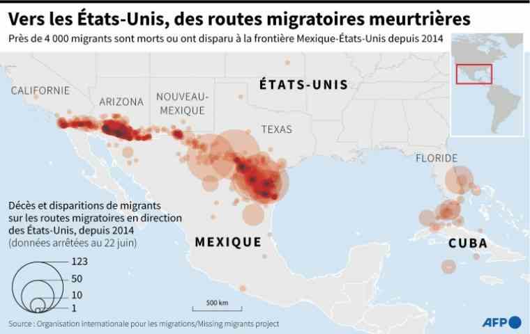 Location of the deaths and disappearances of migrants recorded by the Missing migrants project of the International Organization for Migration on the Caribbean-United States route and at the border between Mexico and the United States, since 2014 ( AFP / )
