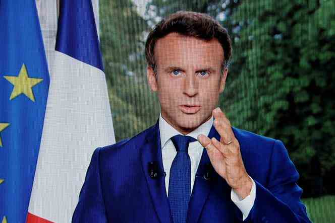 The President of the Republic, Emmanuel Macron, addresses the French during the television news, in Paris, on June 22, 2022. 