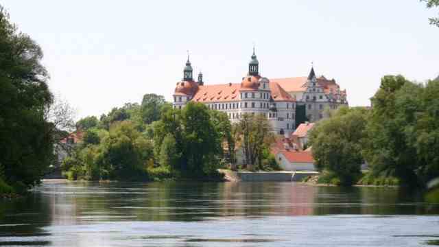 Bavarian history: One of the most beautiful historical city views in Bavaria: View of the Renaissance castle in the city of Neuburg an der Donau.