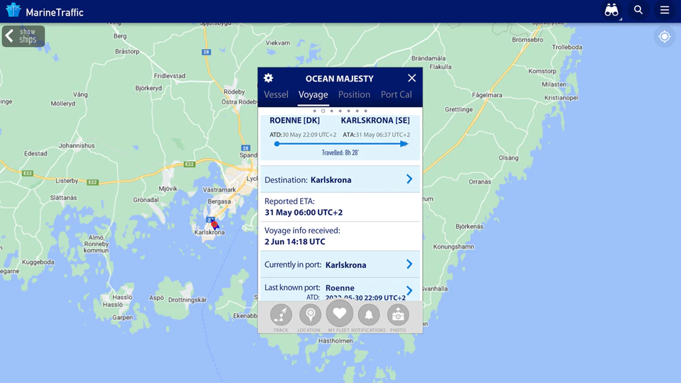 The data of "MS Ocean Majesty" in app "marine traffic" with the current position in the port of Karlskrona.