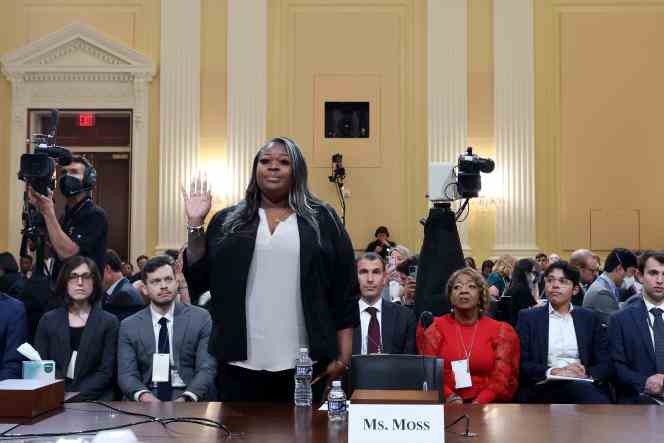 Former Georgia election worker Shaye Moss is sworn in during the fourth hearing of the Commission of Inquiry into the January 6, 2021 attacks, in Washington, June 21, 2022.