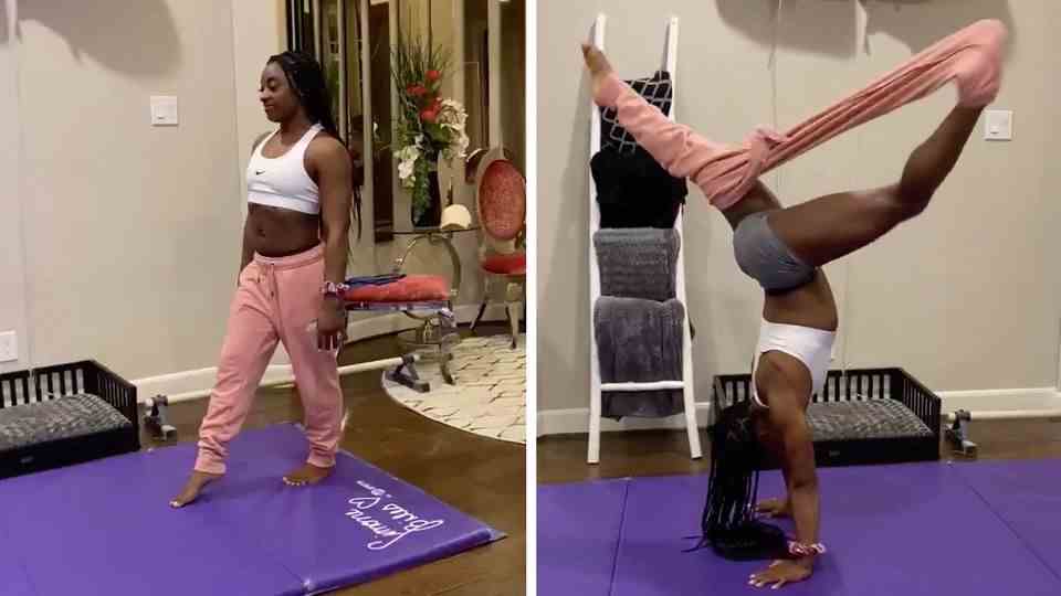 Gymnast Simone Biles contributes to the "handstand challenge" in the web.