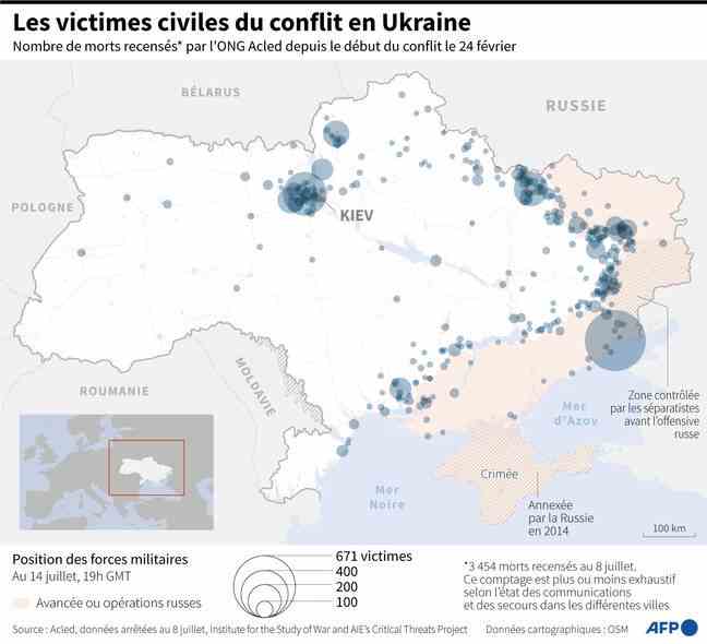 Map of Ukraine showing the civilian victims recorded by the NGO Acled between the start of the conflict on February 24 and July 8.
