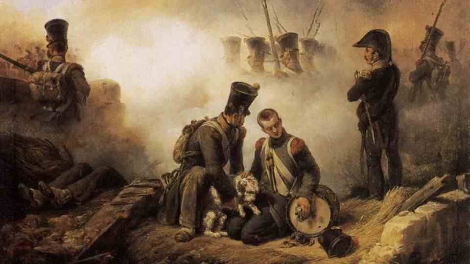 The Dog of the Regiment Wounded - contemporary painting by Emile Jean Horace Vernet