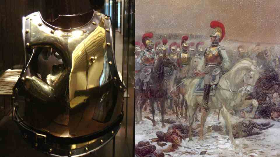 The shot through tank.  The painting shows the Carabiniers-à-Cheval in Russia.