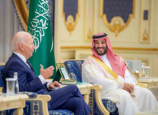 US President Joe Biden and Saudi Crown Prince Mohammad Bin Salman talk at the Al-Salam Royal Palace in Jeddah, Saudi Arabia, July 15, 2022.