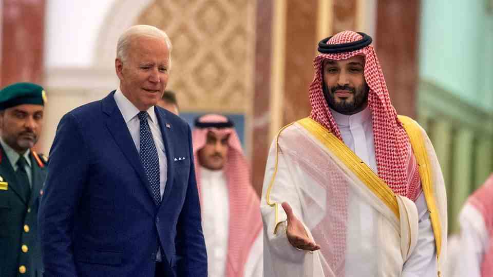 he Saudi Crown Prince Mohammed bin Salman (right) welcomes US President Joe Biden