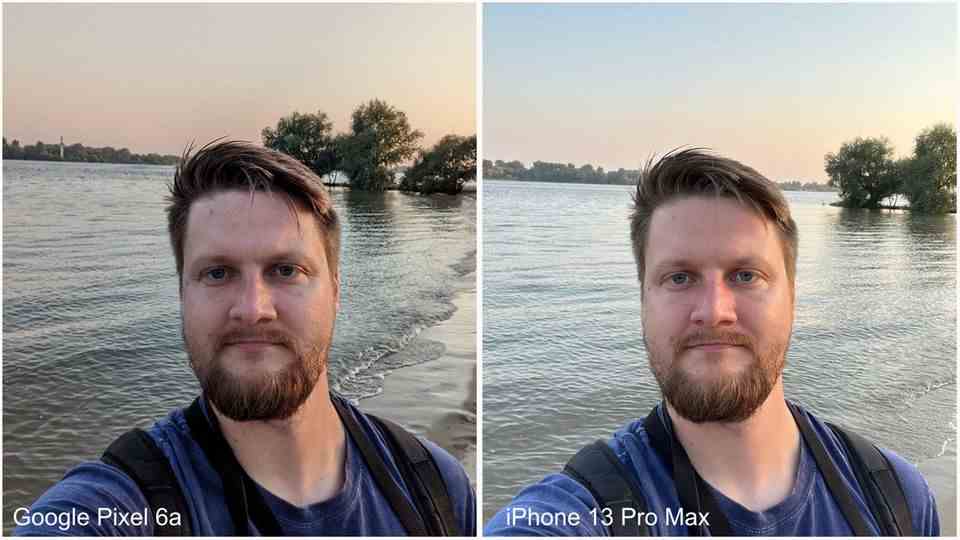A comparison of two selfie shots between Pixel 6a and iPhone 13 Pro Max