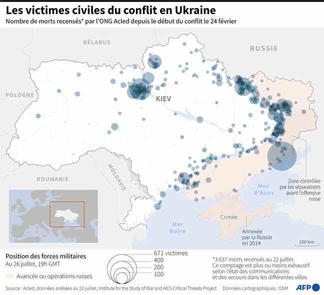 Map of Ukraine showing the civilian victims recorded by the NGO Acled between the start of the conflict on February 24 and July 22.