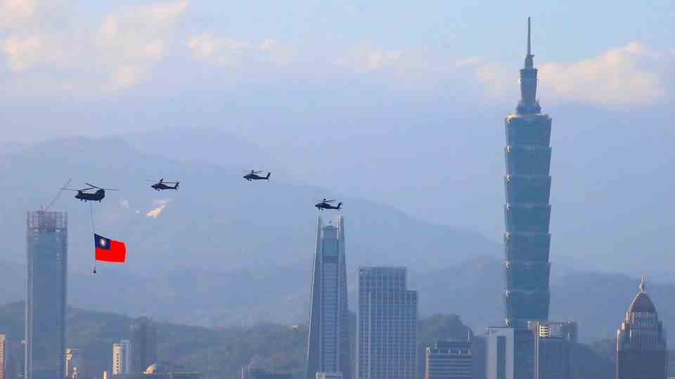 Taiwanese military helicopters against the backdrop of Taipei's financial center
