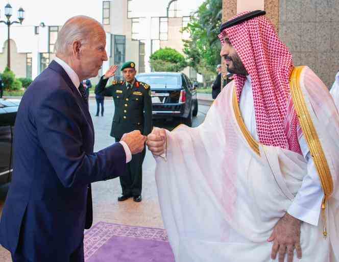 US President Joe Biden and Saudi Crown Prince Mohammed Bin Salman greet each other with a fist check, outside the royal palace in Jeddah, Saudi Arabia, July 15, 2022.